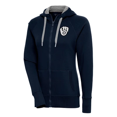 Women's Antigua  Navy Milwaukee Brewers Brushed Metallic Victory Full-Zip Hoodie
