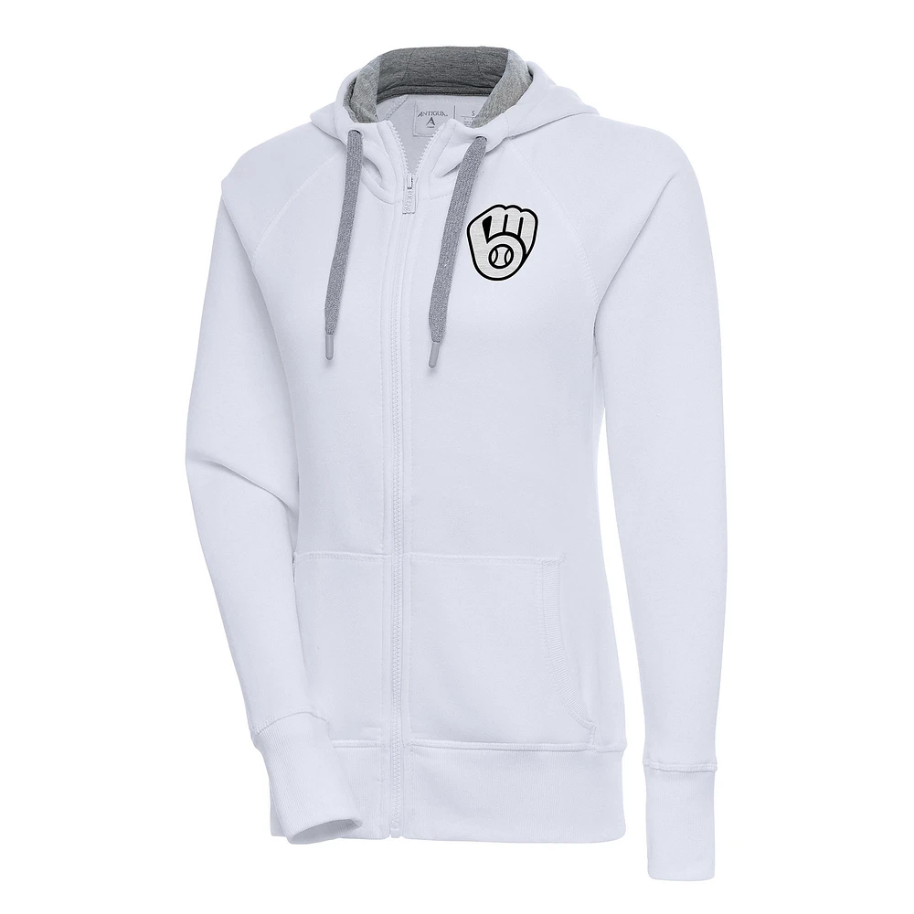 Women's Antigua White Milwaukee Brewers Brushed Metallic Victory Full-Zip Hoodie