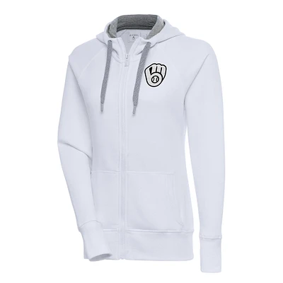 Women's Antigua White Milwaukee Brewers Brushed Metallic Victory Full-Zip Hoodie
