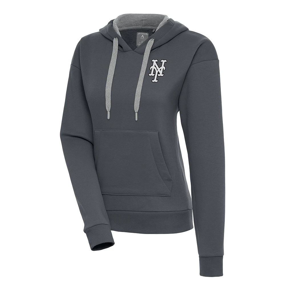 Women's Antigua Charcoal New York Mets Brushed Metallic Victory Pullover Hoodie