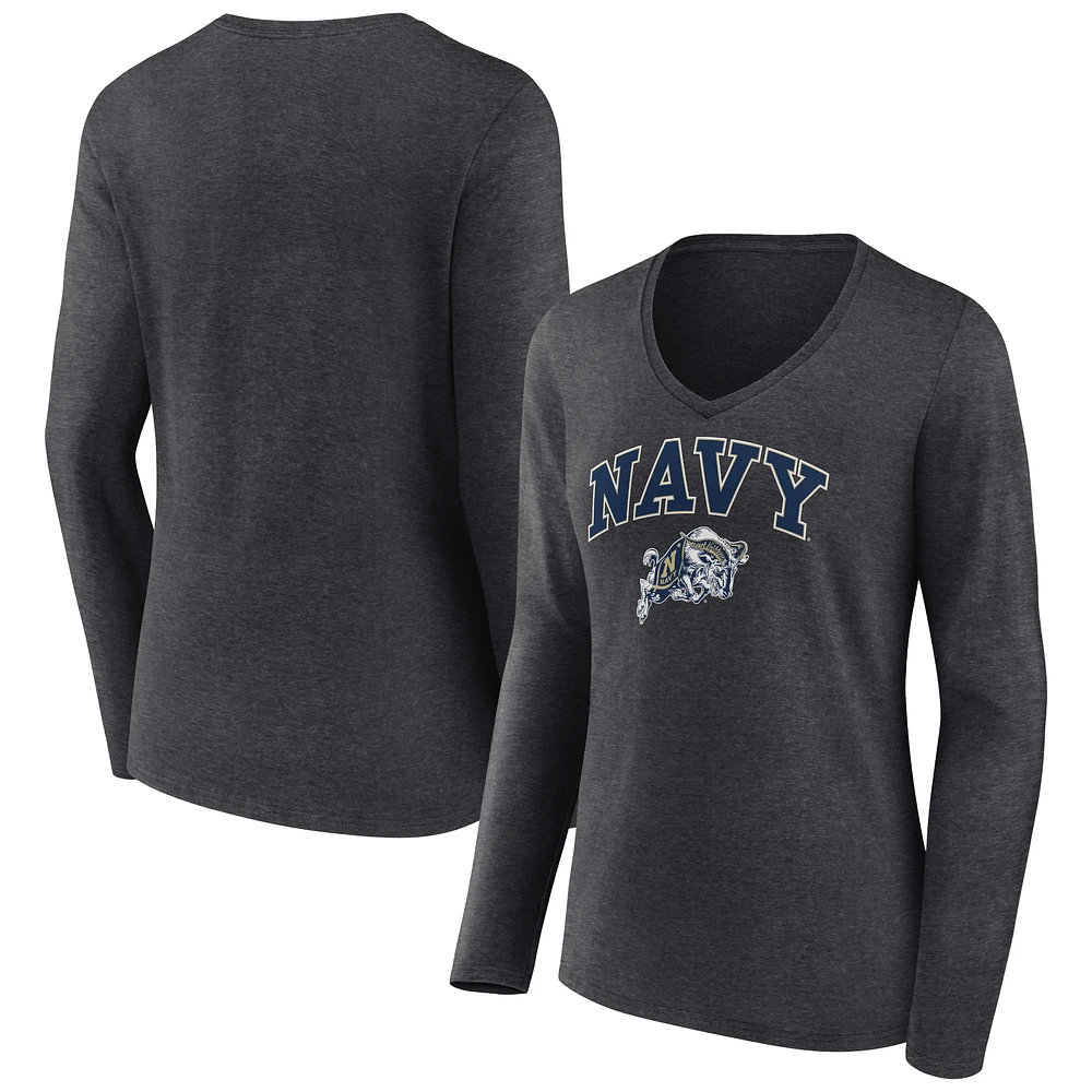 Women's Charcoal Navy Midshipmen Campus Long Sleeve V-Neck T-Shirt