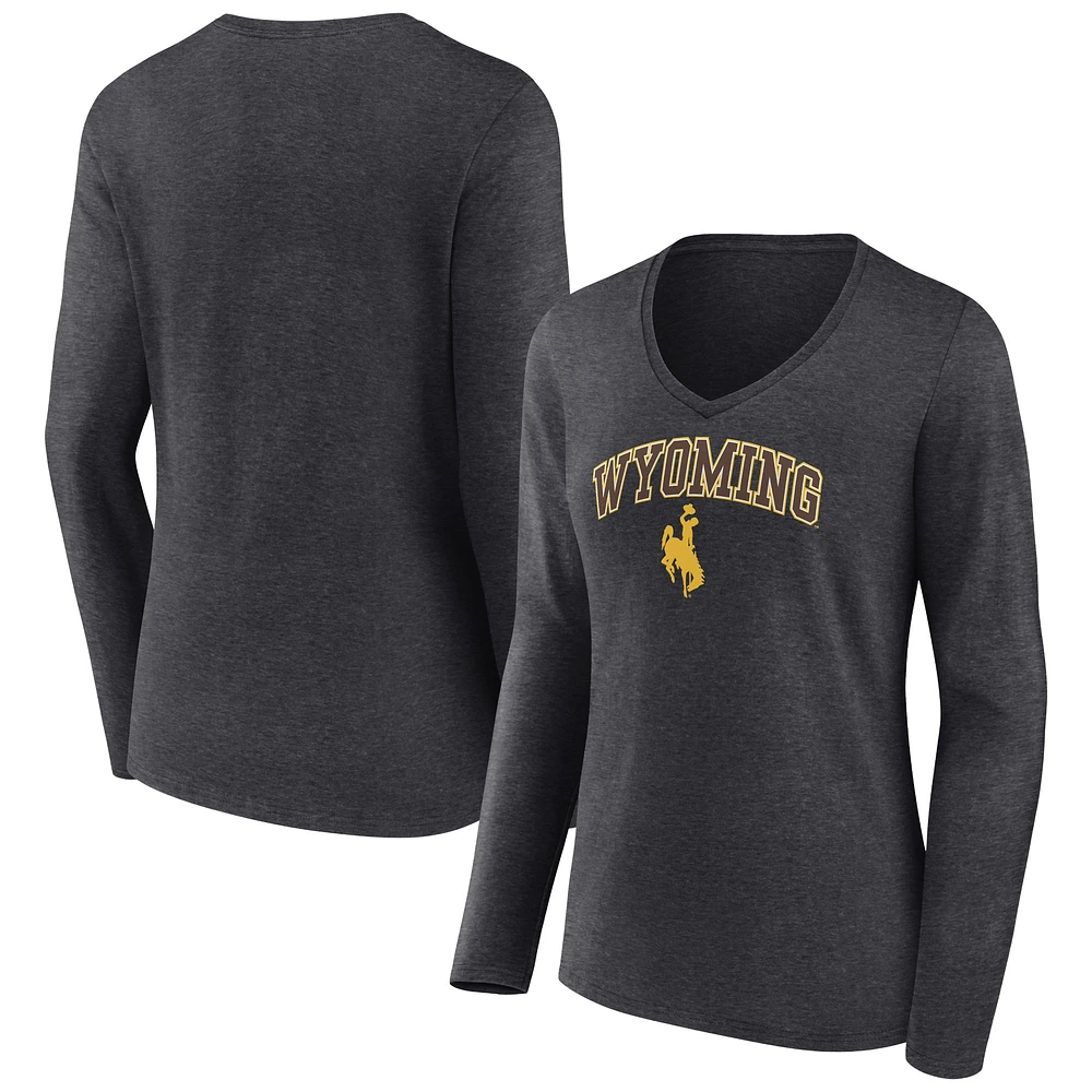 Women's Charcoal Wyoming Cowboys Campus Long Sleeve V-Neck T-Shirt
