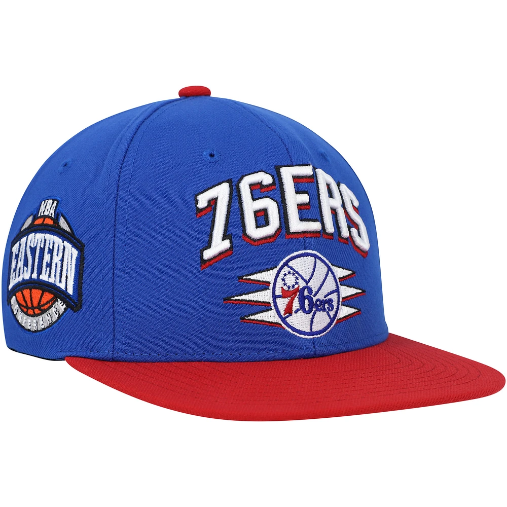 Men's Mitchell & Ness Blue/Red Philadelphia 76ers Hardwood Classics Arch Block Snapback Hat