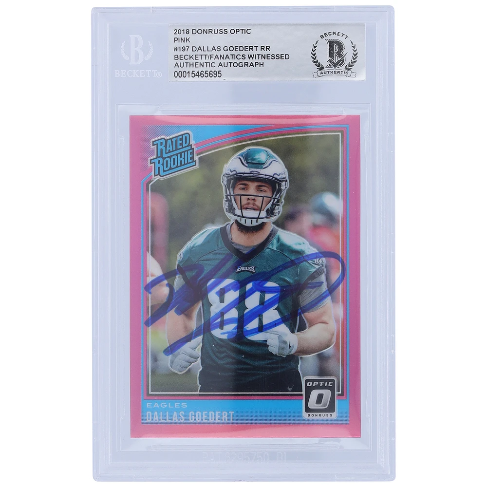 Dallas Goedert Philadelphia Eagles Autographed 2018 Panini Donruss Optic Pink Rated Rookie #197 Beckett Fanatics Witnessed Authenticated Rookie Card