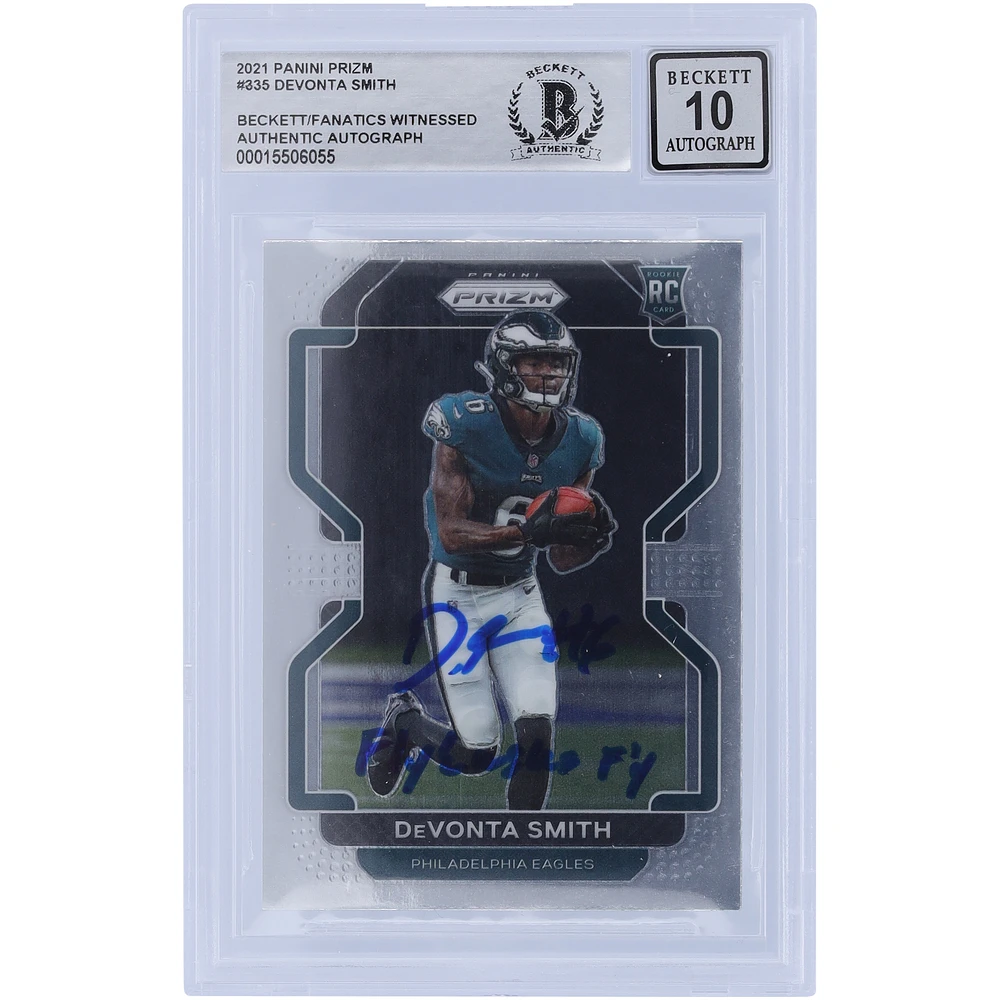 DeVonta Smith Philadelphia Eagles Autographed 2021 Panini Prizm #335 Beckett Fanatics Witnessed Authenticated 10 Rookie Card with "Fly Eagles Fly" Inscription