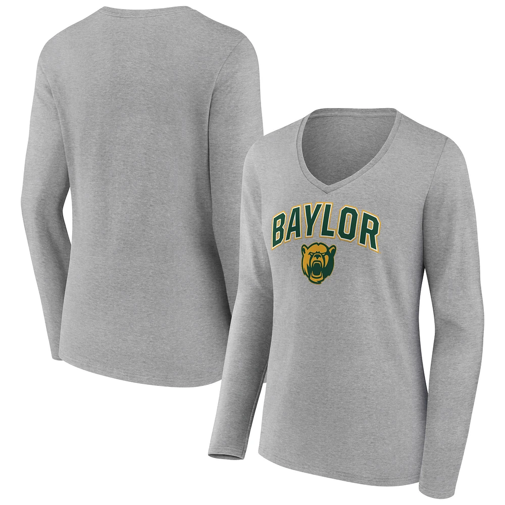 Women's Gray Baylor Bears Campus Long Sleeve V-Neck T-Shirt