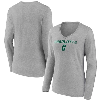 Women's Gray Charlotte 49ers Campus Long Sleeve V-Neck T-Shirt