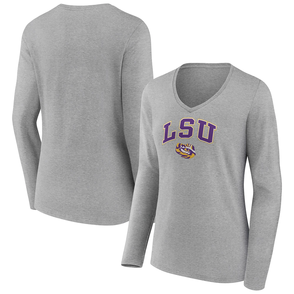 Women's Gray LSU Tigers Campus Long Sleeve V-Neck T-Shirt