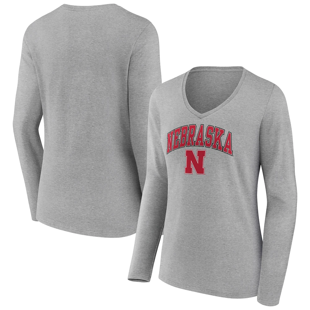 Women's Gray Nebraska Huskers Campus Long Sleeve V-Neck T-Shirt