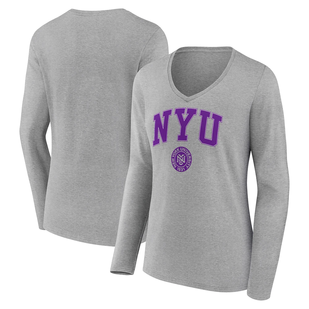 Women's Gray NYU Violets Campus Long Sleeve V-Neck T-Shirt