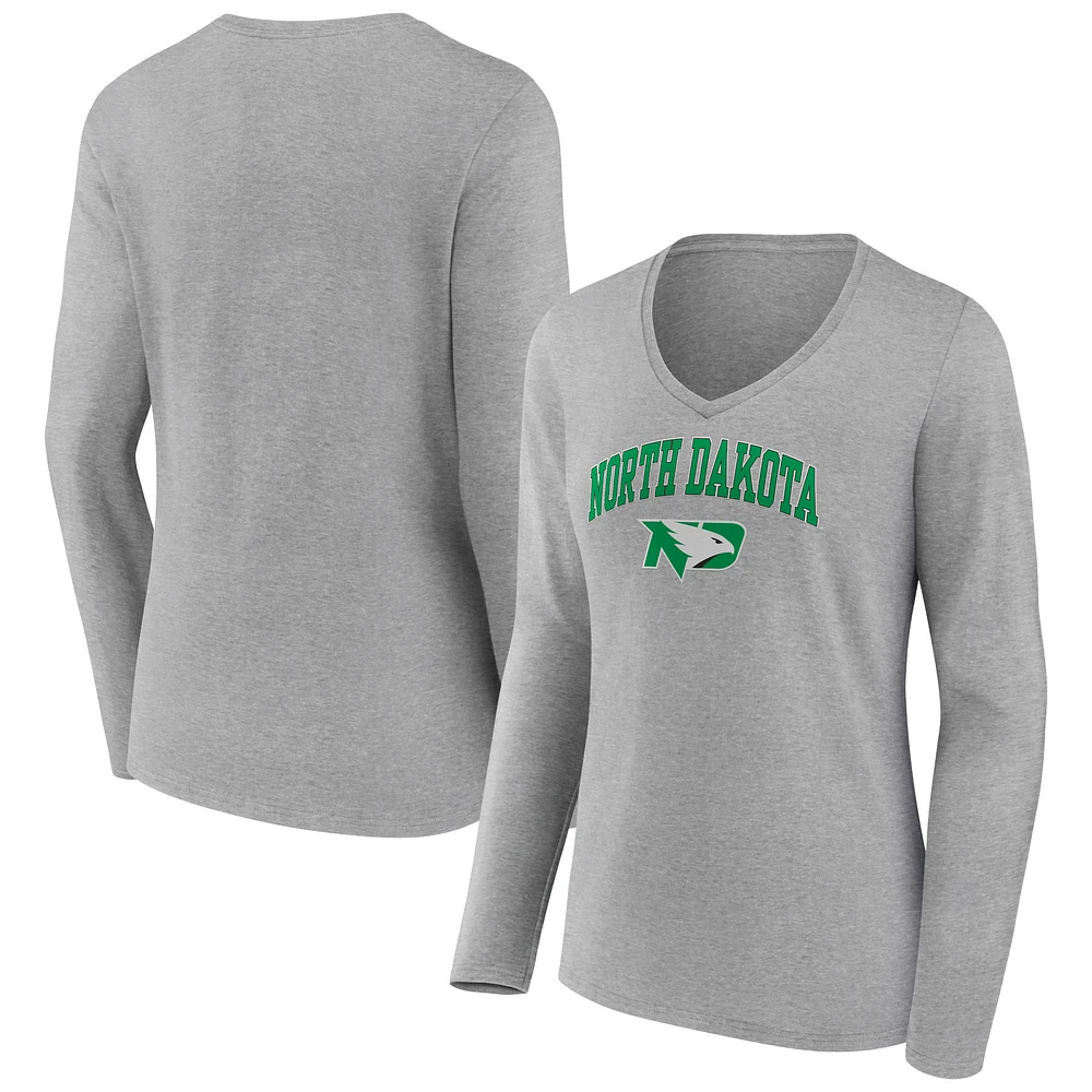 Women's Gray North Dakota Campus Long Sleeve V-Neck T-Shirt