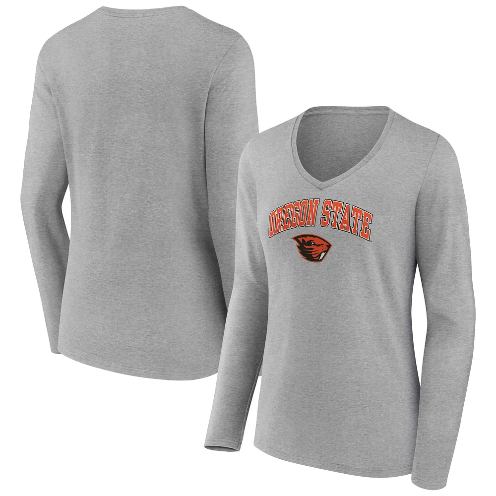 Women's Gray Oregon State Beavers Campus Long Sleeve V-Neck T-Shirt