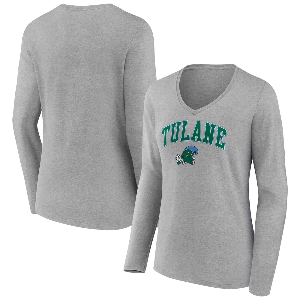 Women's Gray Tulane Green Wave Campus Long Sleeve V-Neck T-Shirt