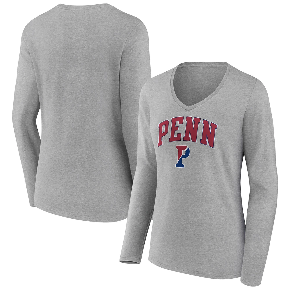 Women's Gray Pennsylvania Quakers Campus Long Sleeve V-Neck T-Shirt