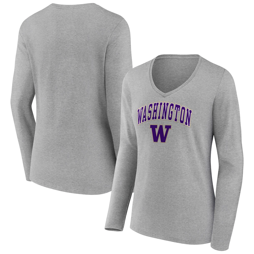 Women's Gray Washington Huskies Campus Long Sleeve V-Neck T-Shirt