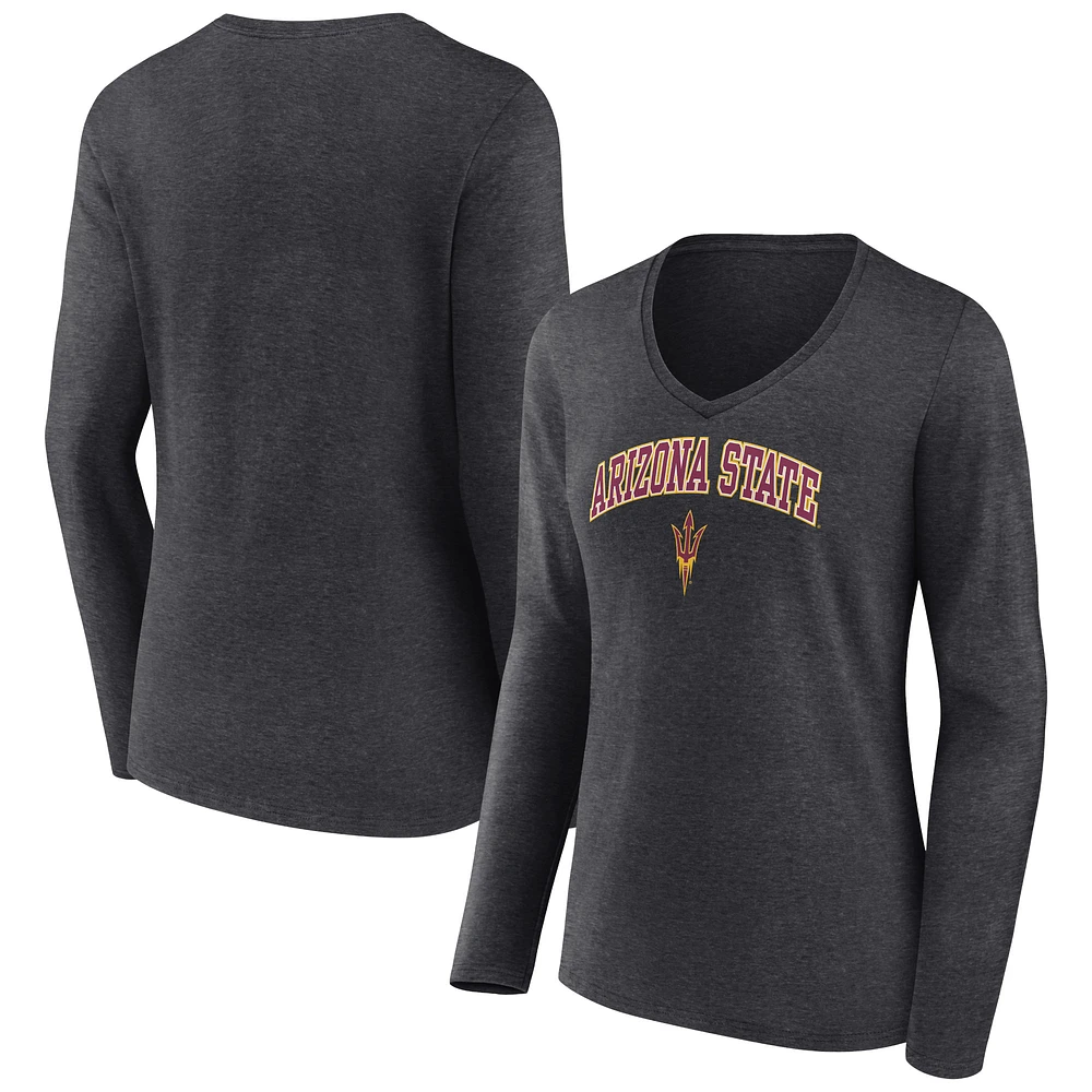 Women's Charcoal Arizona State Sun Devils Campus Long Sleeve V-Neck T-Shirt