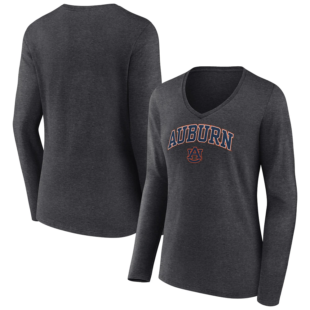 Women's Charcoal Auburn Tigers Campus Long Sleeve V-Neck T-Shirt