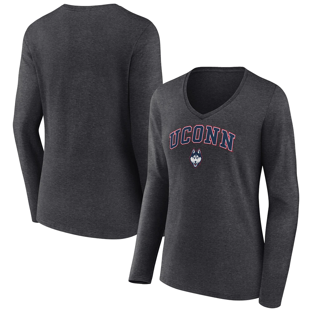 Women's Charcoal UConn Huskies Campus Long Sleeve V-Neck T-Shirt