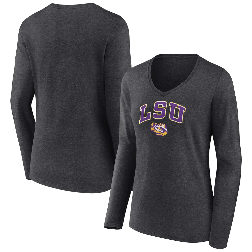 Women's Charcoal LSU Tigers Campus Long Sleeve V-Neck T-Shirt