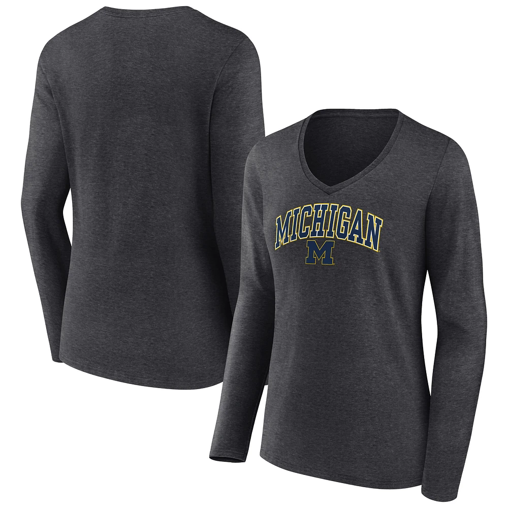 Women's Charcoal Michigan Wolverines Campus Long Sleeve V-Neck T-Shirt