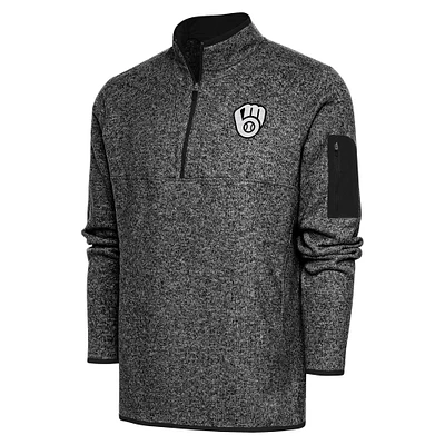 Men's Antigua Heather Black Milwaukee Brewers Metallic Fortune Quarter-Zip Pullover Jacket