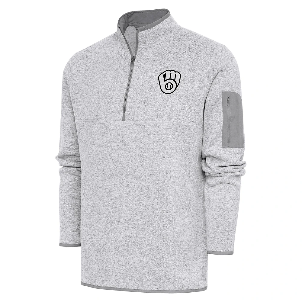 Men's Antigua Pewter Milwaukee Brewers Metallic Fortune Quarter-Zip Pullover Jacket