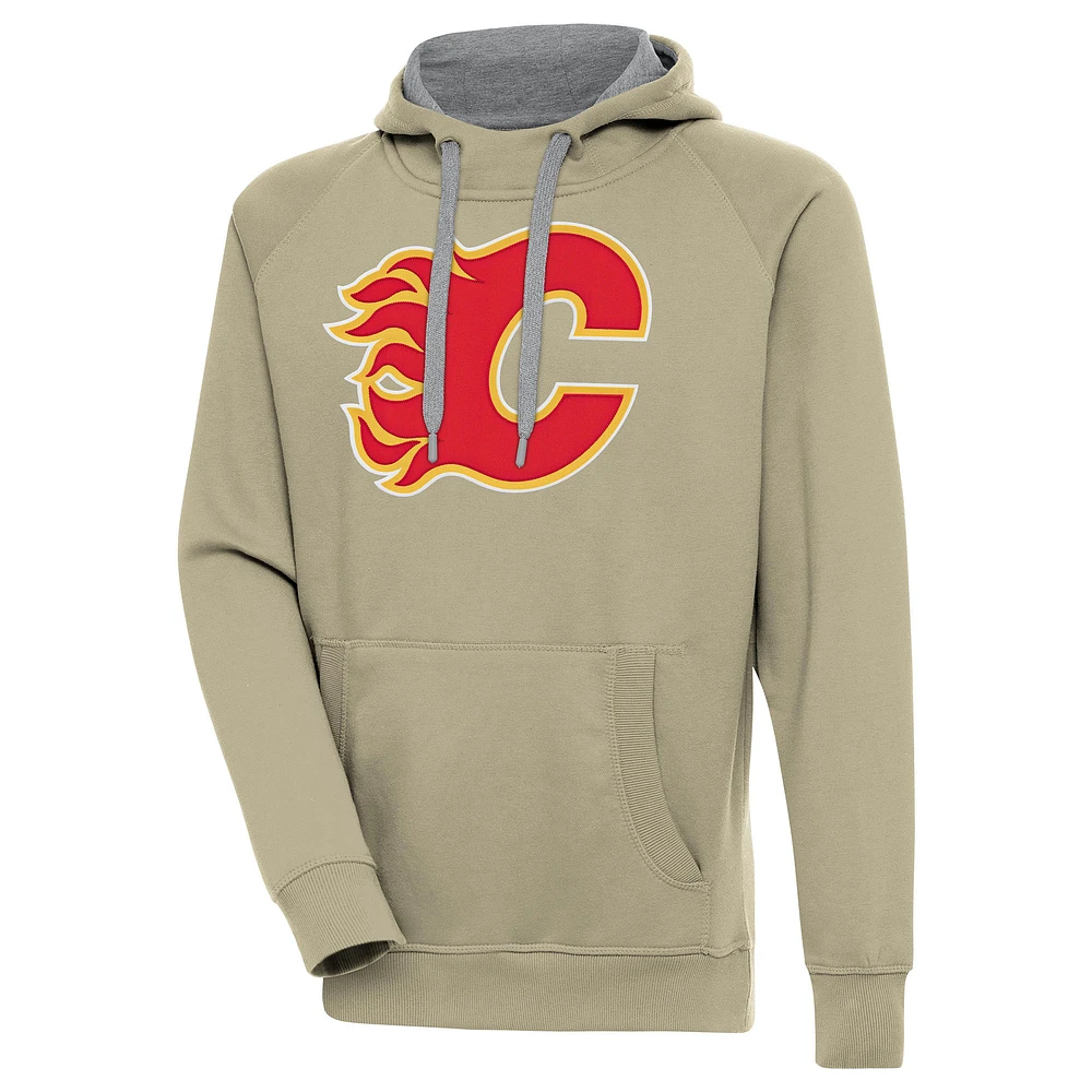 Men's Antigua Khaki Calgary Flames Victory Pullover Hoodie
