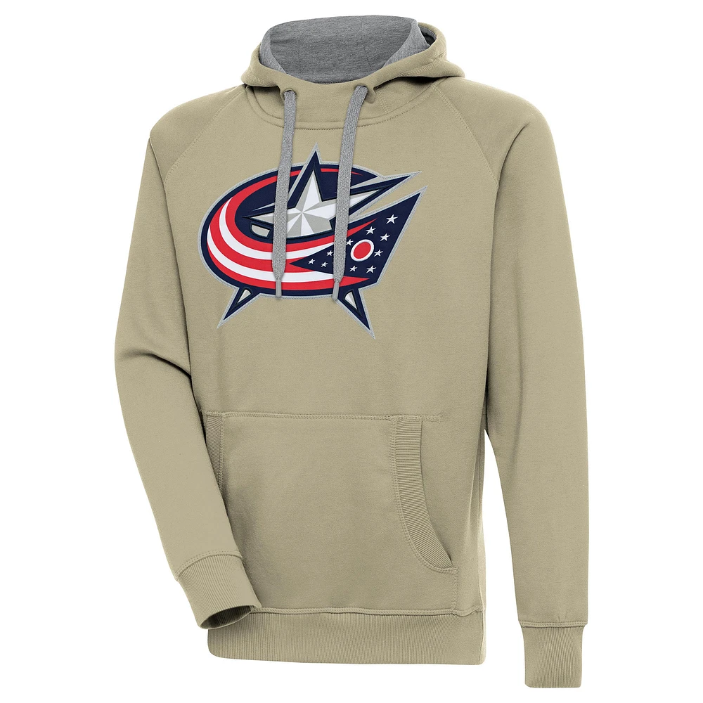 Men's Antigua Khaki Columbus Blue Jackets Victory Pullover Hoodie