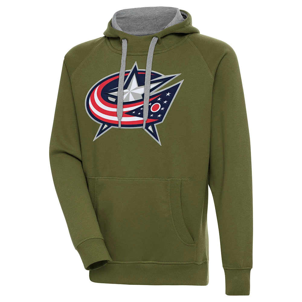 Men's Antigua Olive Columbus Blue Jackets Victory Pullover Hoodie