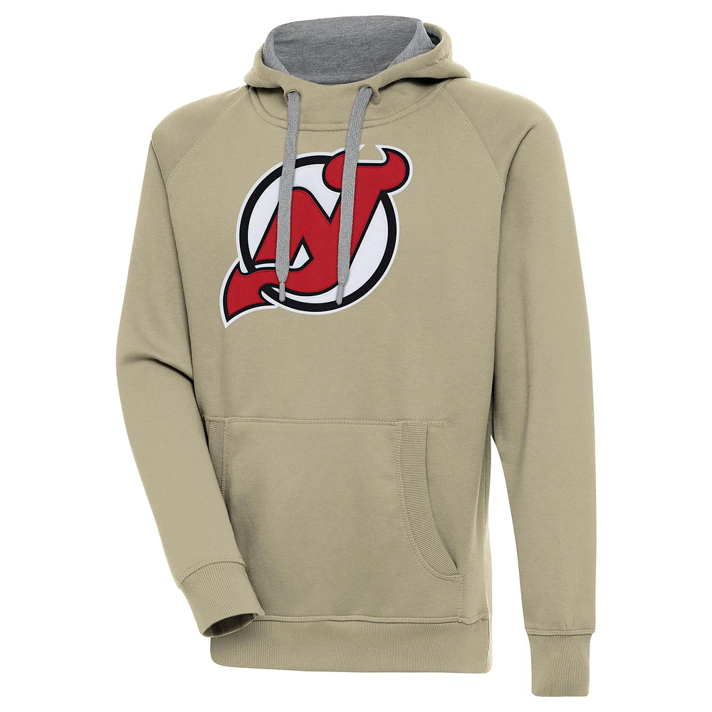 Men's Antigua Khaki New Jersey Devils Victory Pullover Hoodie