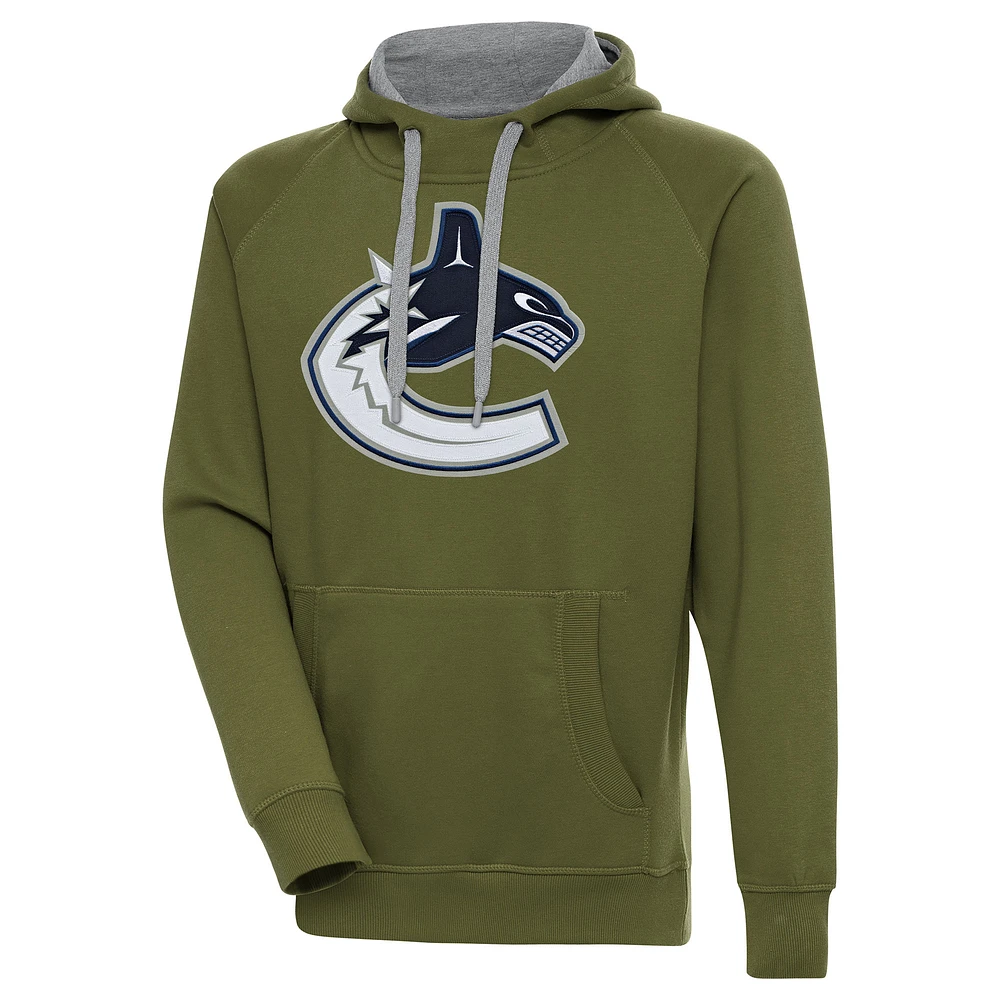 Men's Antigua Olive Vancouver Canucks Victory Pullover Hoodie