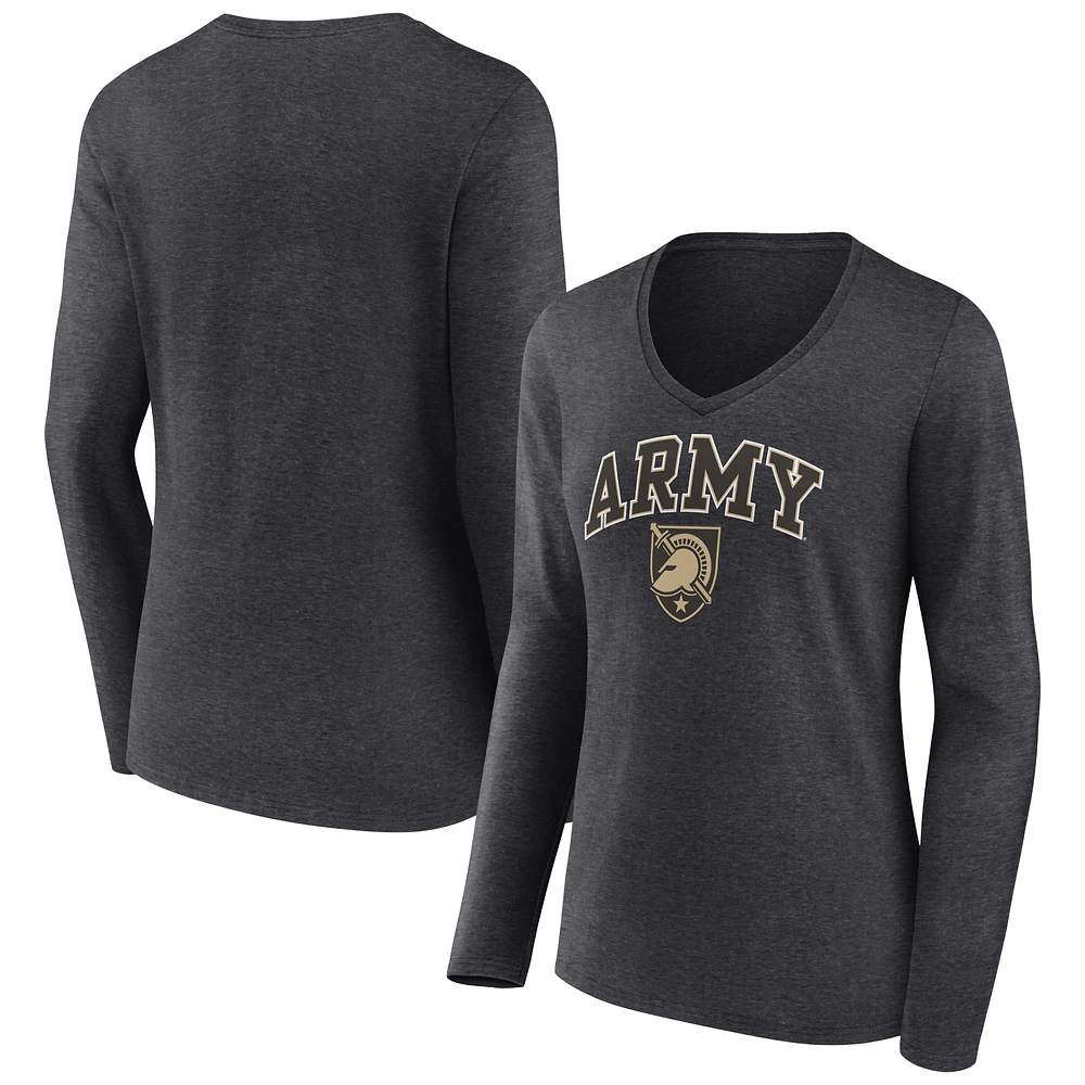 Women's Charcoal Army Black Knights Campus Long Sleeve V-Neck T-Shirt