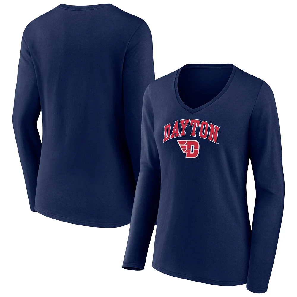 Women's Navy Dayton Flyers Campus Long Sleeve V-Neck T-Shirt