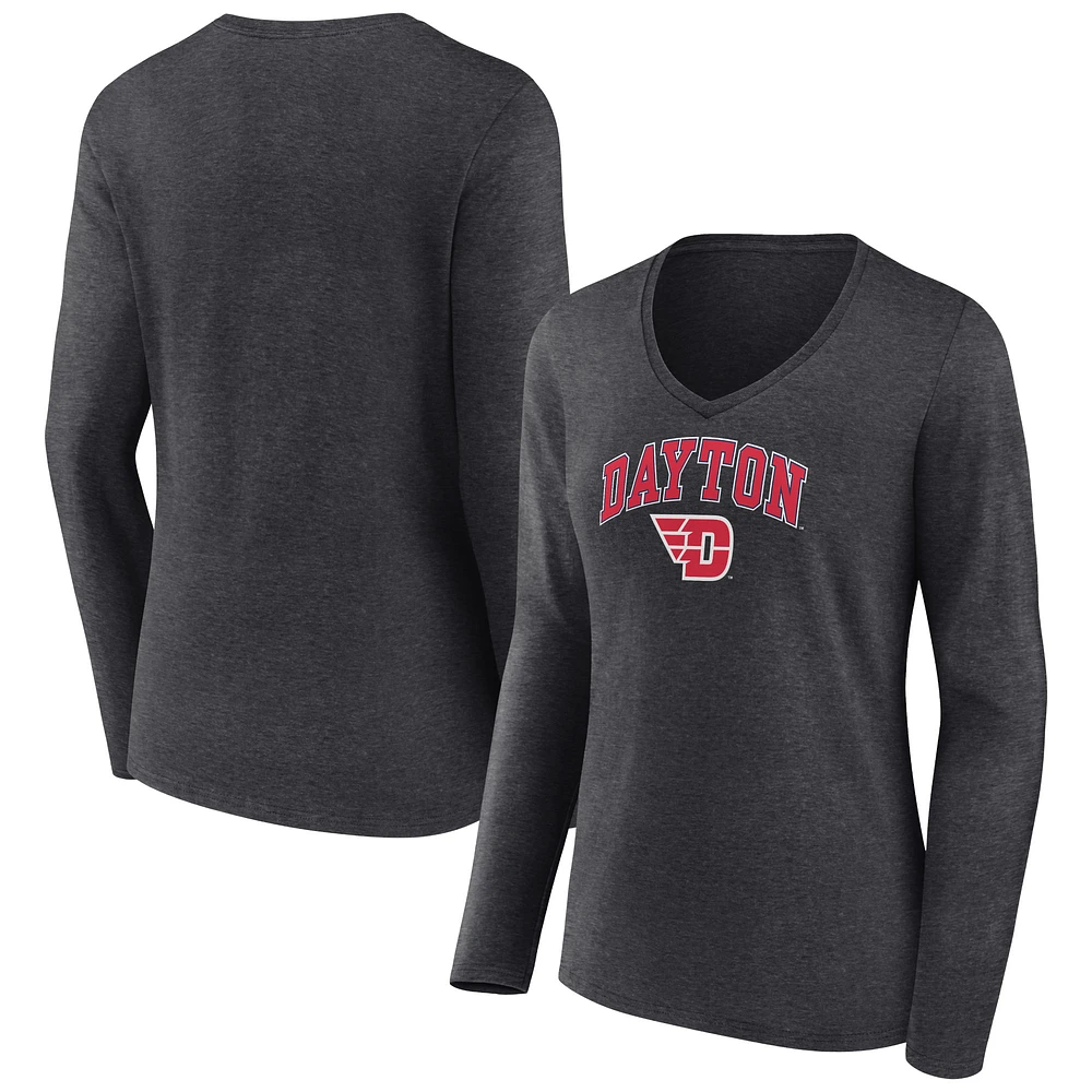 Women's Charcoal Dayton Flyers Campus Long Sleeve V-Neck T-Shirt
