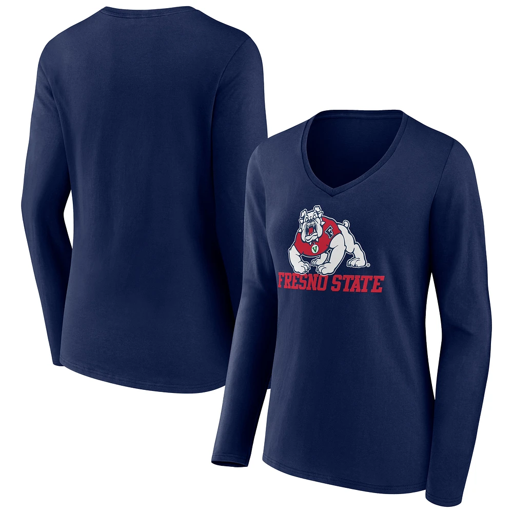 Women's Navy Fresno State Bulldogs Campus Long Sleeve V-Neck T-Shirt