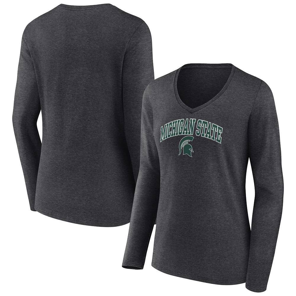 Women's Charcoal Michigan State Spartans Campus Long Sleeve V-Neck T-Shirt