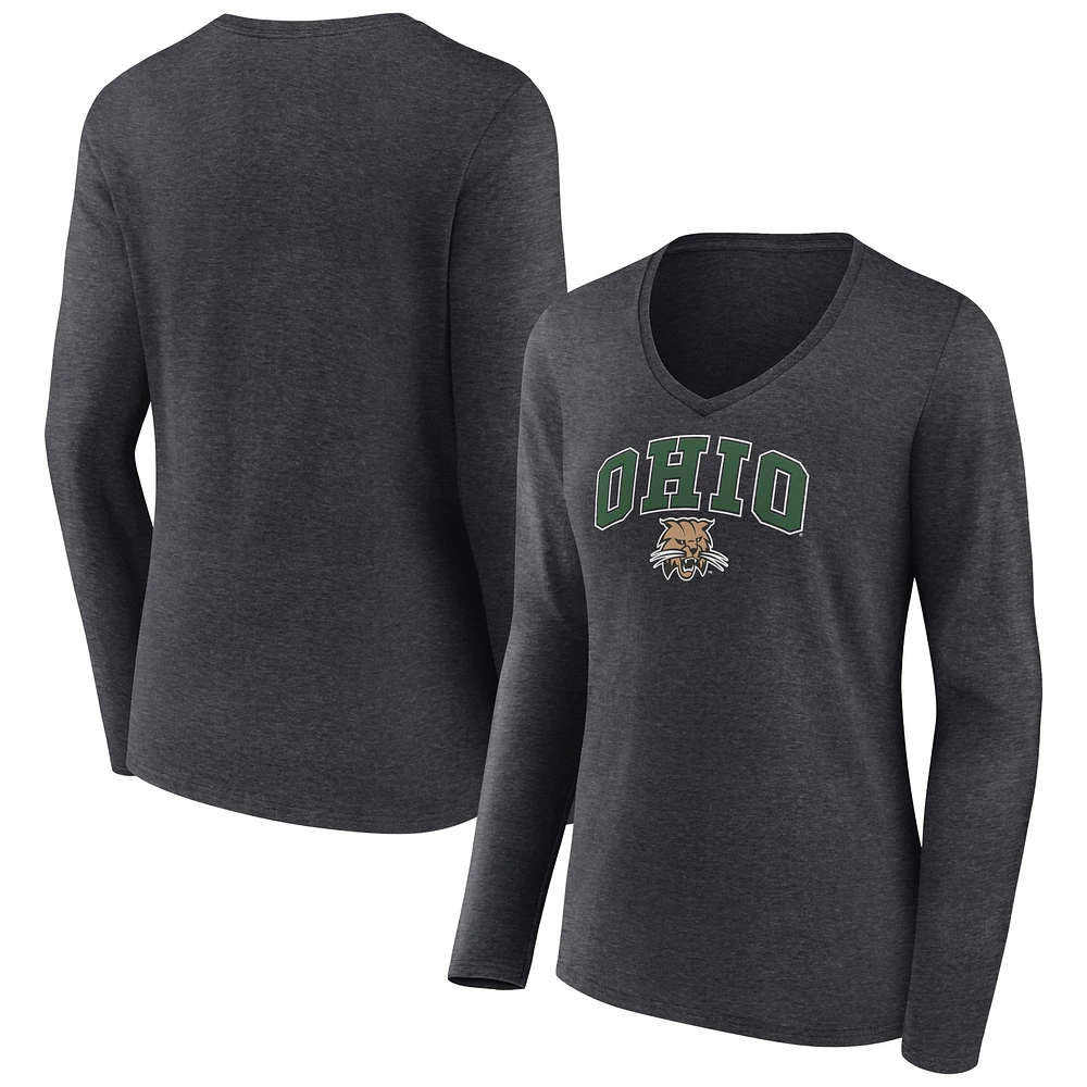 Women's Charcoal Ohio Bobcats Campus Long Sleeve V-Neck T-Shirt