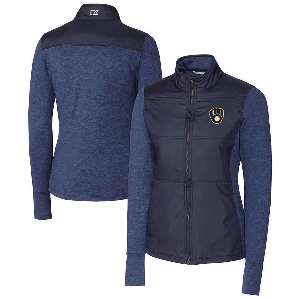 Women's Cutter & Buck Navy Milwaukee Brewers DryTec Stealth Hybrid Quilted Full-Zip Windbreaker Jacket