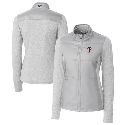 Women's Cutter & Buck Gray Philadelphia Phillies DryTec Stealth Hybrid Quilted Full-Zip Windbreaker Jacket