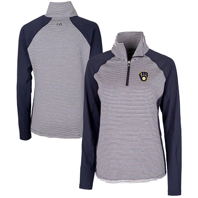 Women's Cutter & Buck Navy Milwaukee Brewers DryTec Forge Tonal Stripe Half-Zip Top