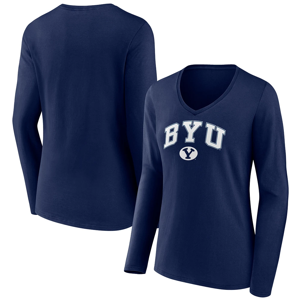 Women's Navy BYU Cougars Campus Long Sleeve V-Neck T-Shirt