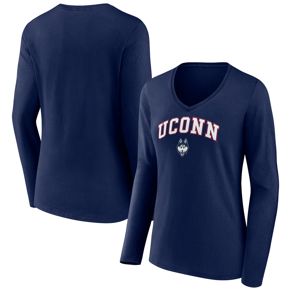 Women's Navy UConn Huskies Campus Long Sleeve V-Neck T-Shirt