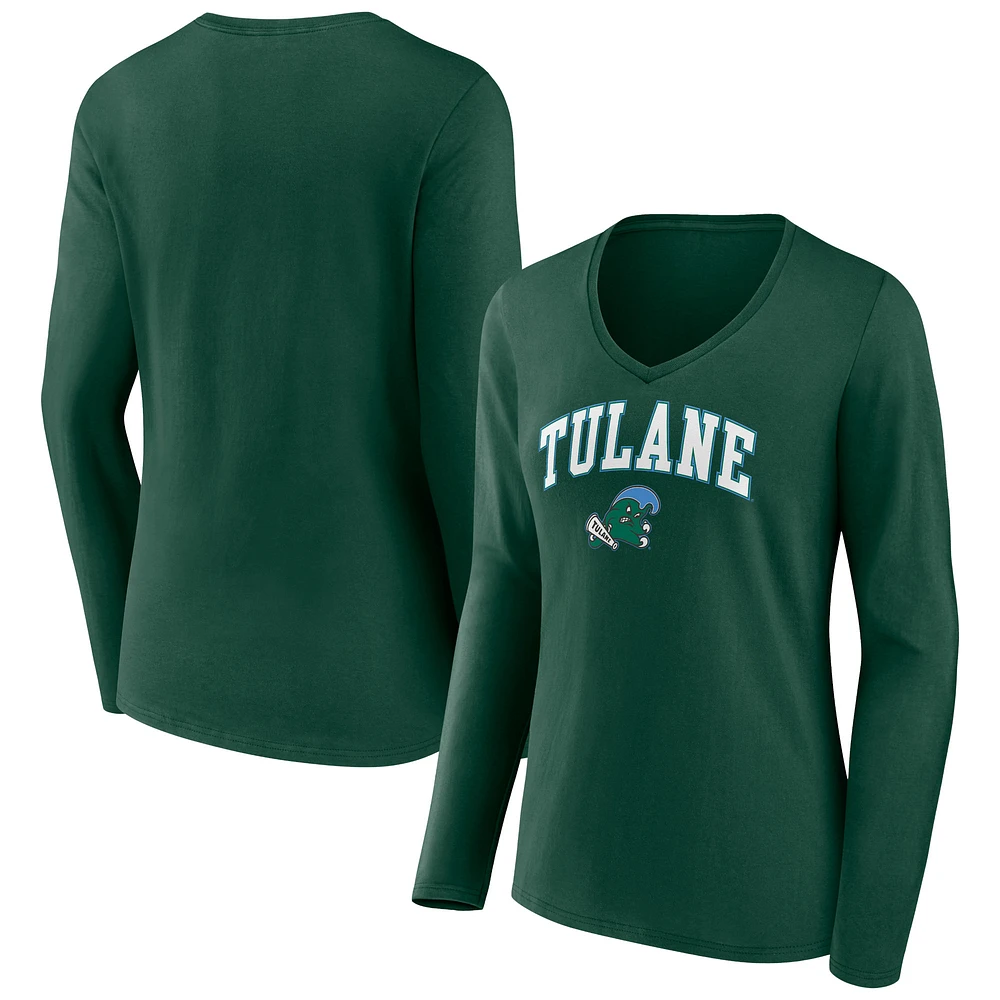 Women's Green Tulane Green Wave Campus Long Sleeve V-Neck T-Shirt