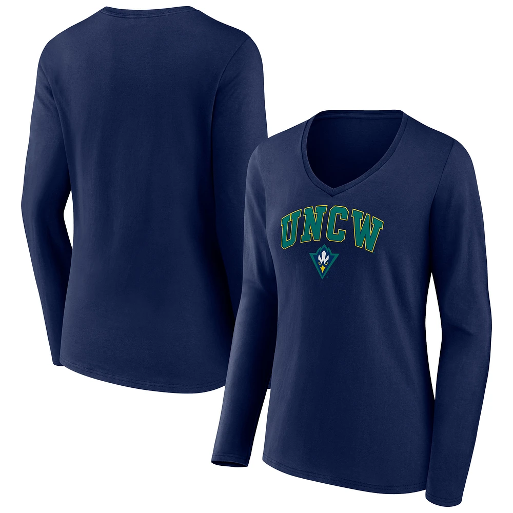 Women's Navy UNC Wilmington Seahawks Campus Long Sleeve V-Neck T-Shirt