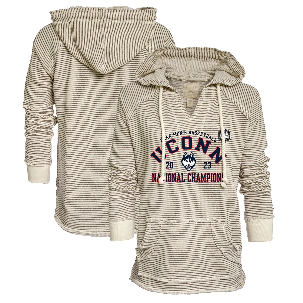 Women's Blue 84 Tan UConn Huskies 2023 NCAA Men's Basketball National Champions Huntington French Terry V-Neck Pullover Hoodie