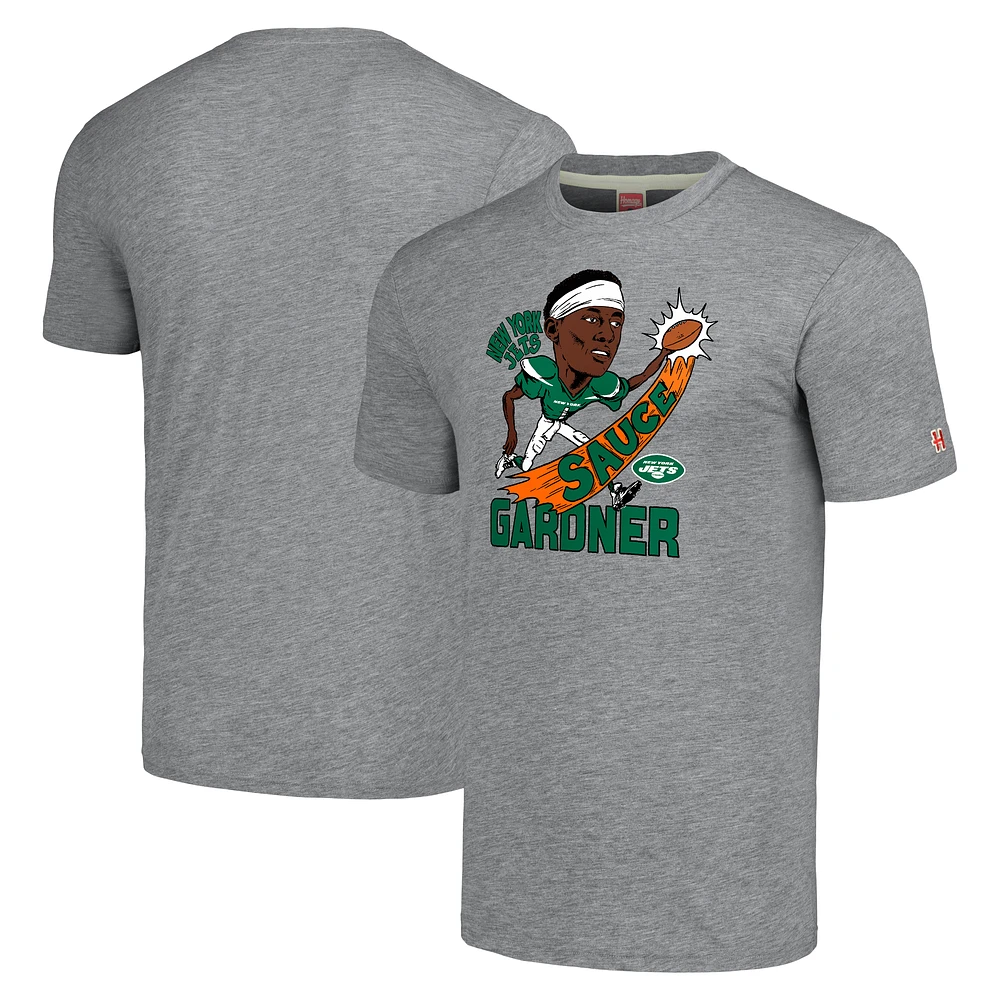 Men's Homage Ahmad Sauce Gardner Heathered Gray New York Jets Caricature Player Tri-Blend T-Shirt