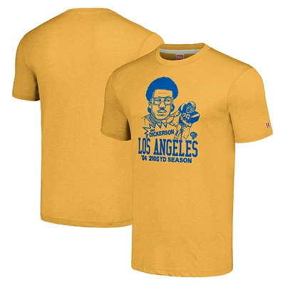 Men's Homage Eric Dickerson Heathered Gold Los Angeles Rams Caricature Retired Player Tri-Blend T-Shirt