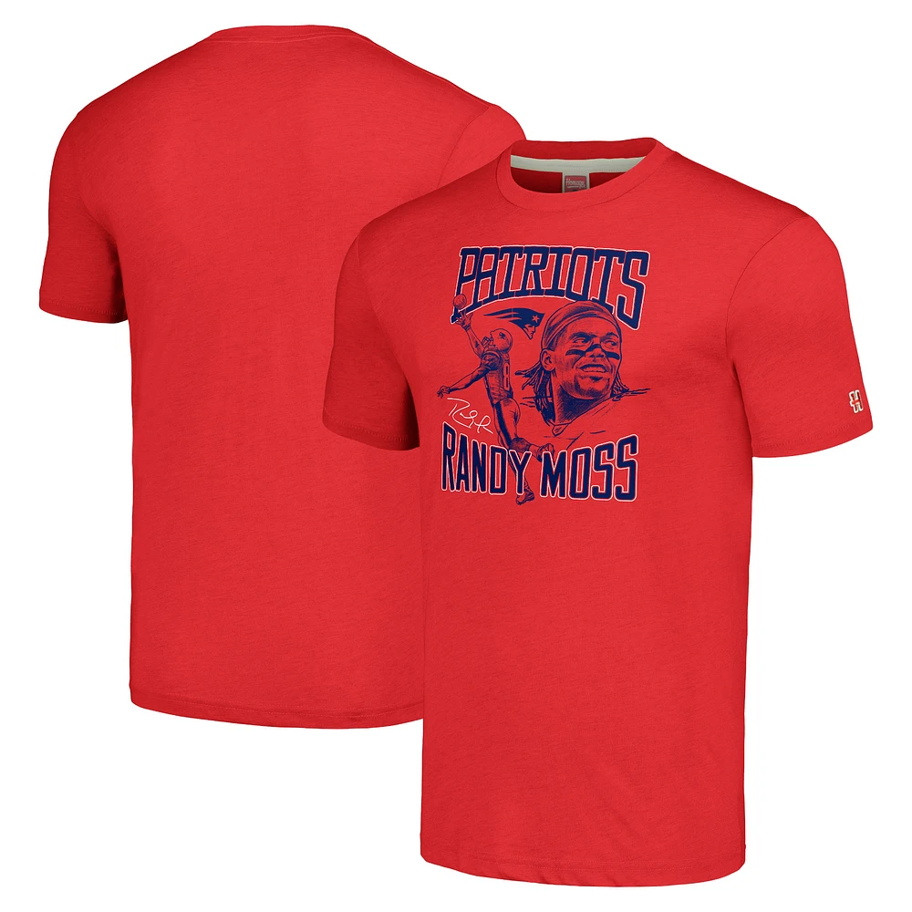 Men's Homage Randy Moss Heathered Red New England Patriots Caricature Retired Player Tri-Blend T-Shirt