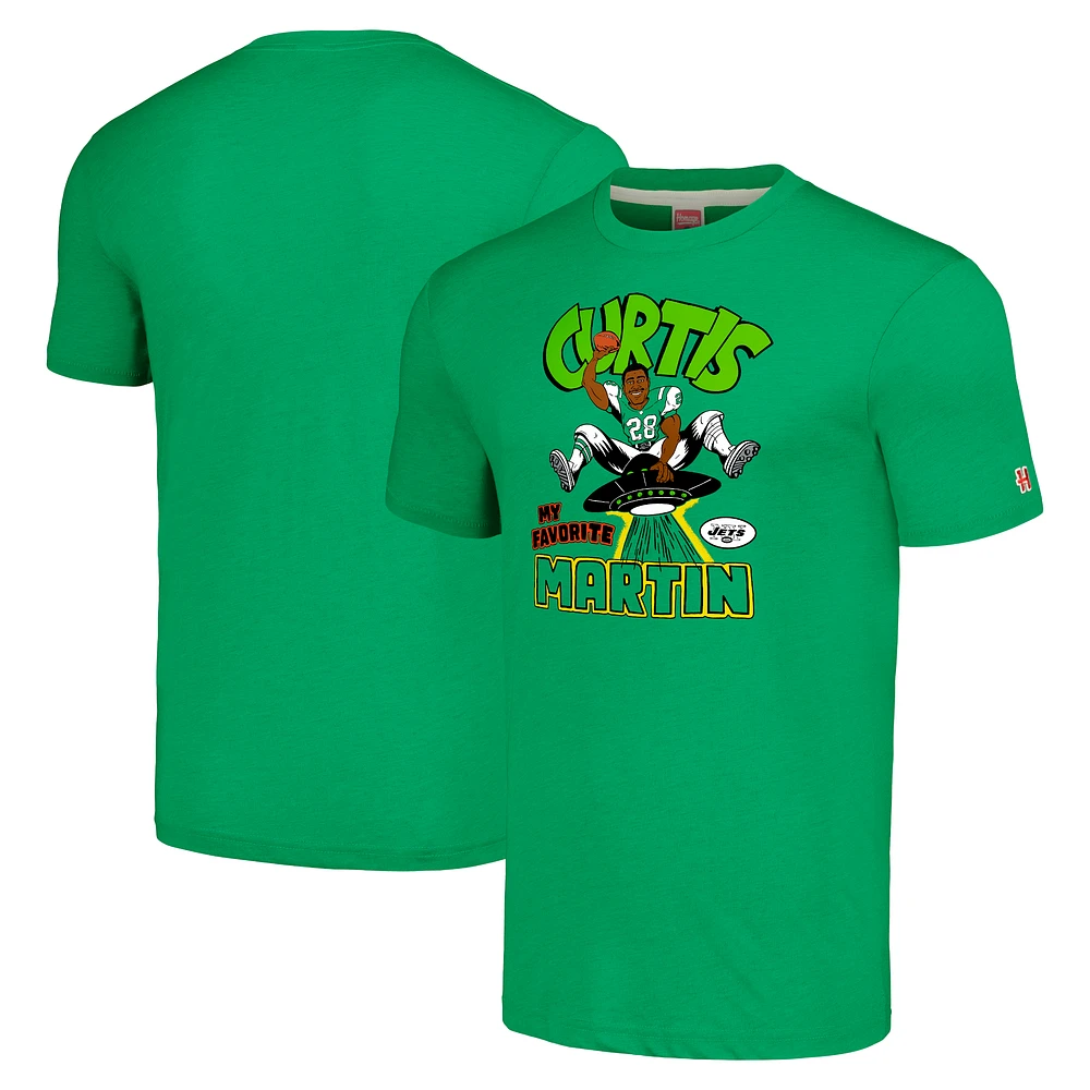 Men's Homage Curtis Martin Heathered Green New York Jets Caricature Retired Player Tri-Blend T-Shirt
