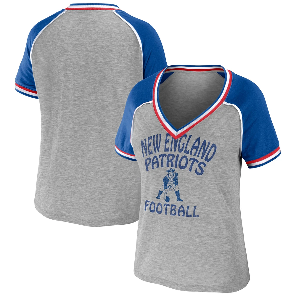 Women's WEAR by Erin Andrews Heather Gray New England Patriots Plus Throwback Raglan V-Neck T-Shirt